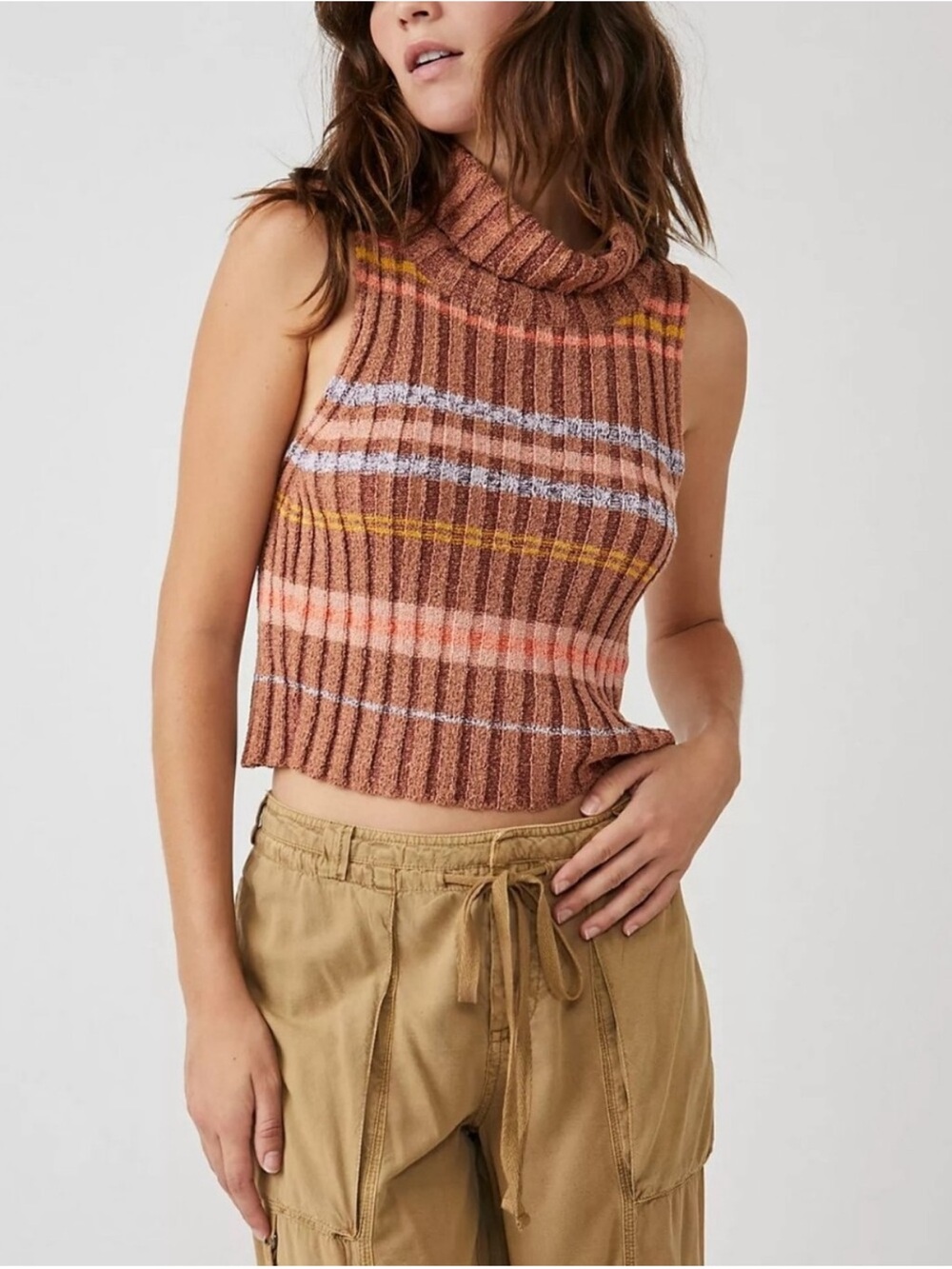 NWT Free People Edith Striped Turtleneck Sweater Vest Brown Multi Size S